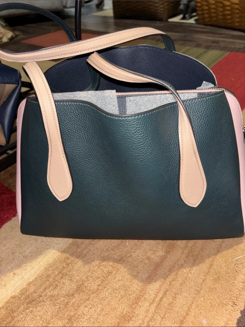 Coach Pink, Dark Green and Nude Leather Turnlock Tote